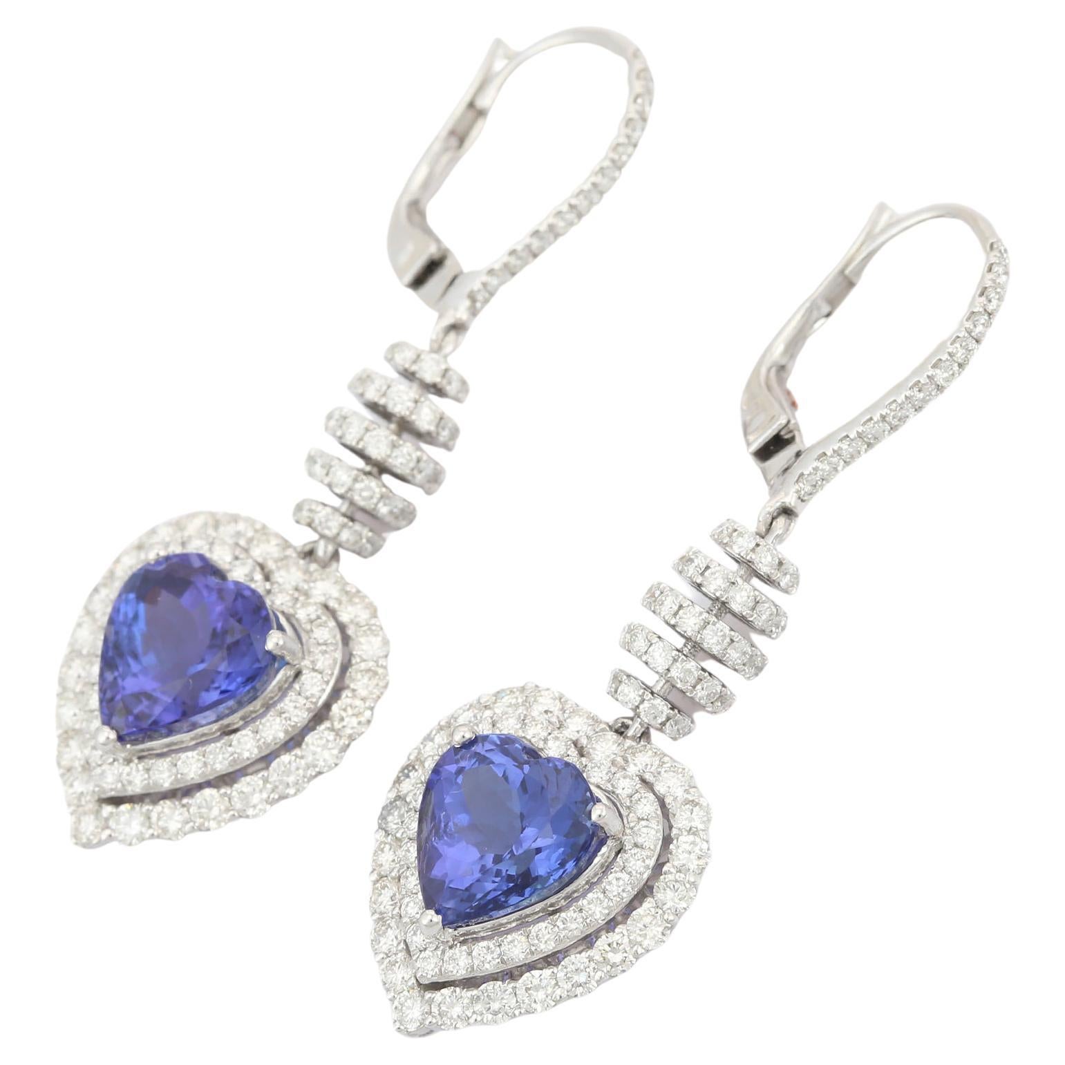 Heart Shaped Tanzanite and Diamond Dangle Earrings in 18K White Gold For Sale