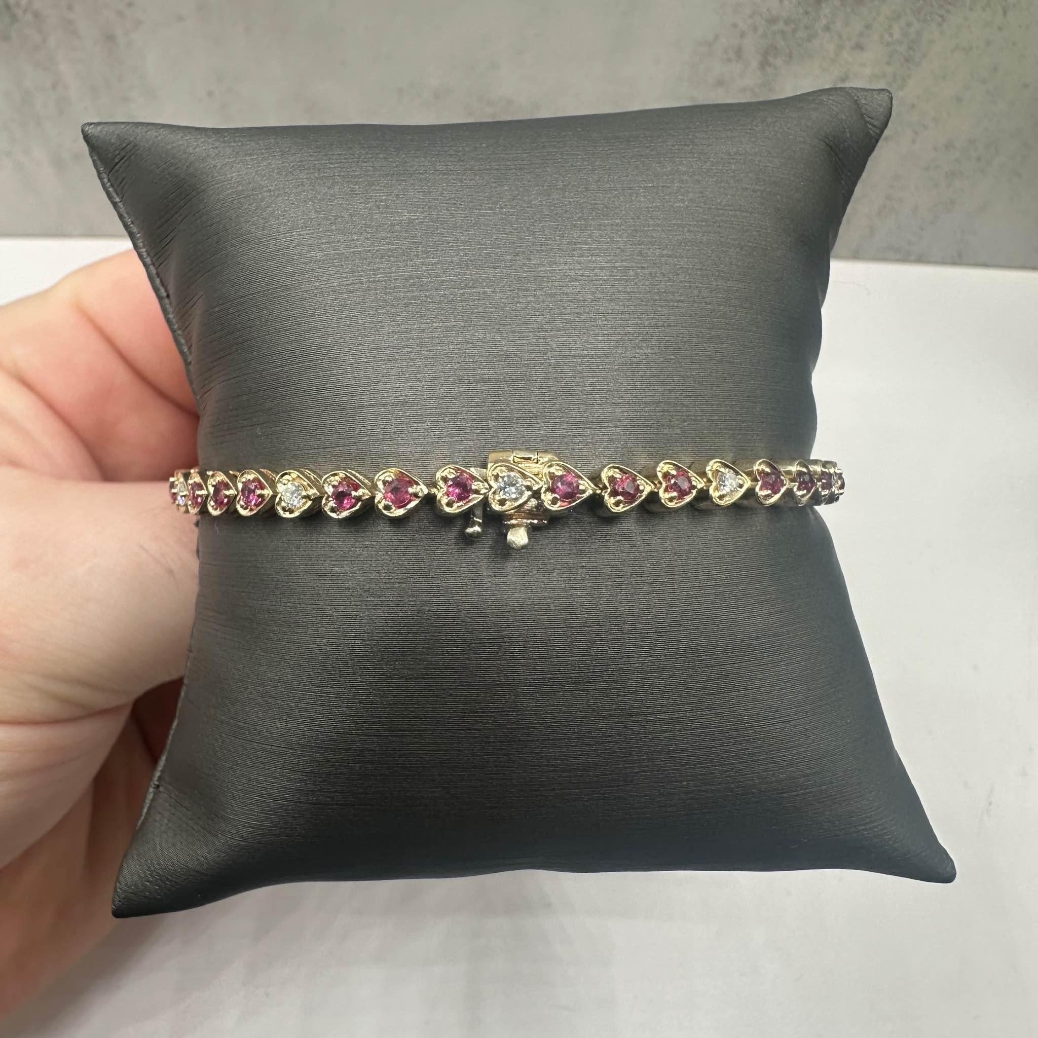 Round Cut Heart Shaped Tennis Bracelet in 14kt Yellow Gold - 2ctw Rubies, 0.45ctw Diamonds