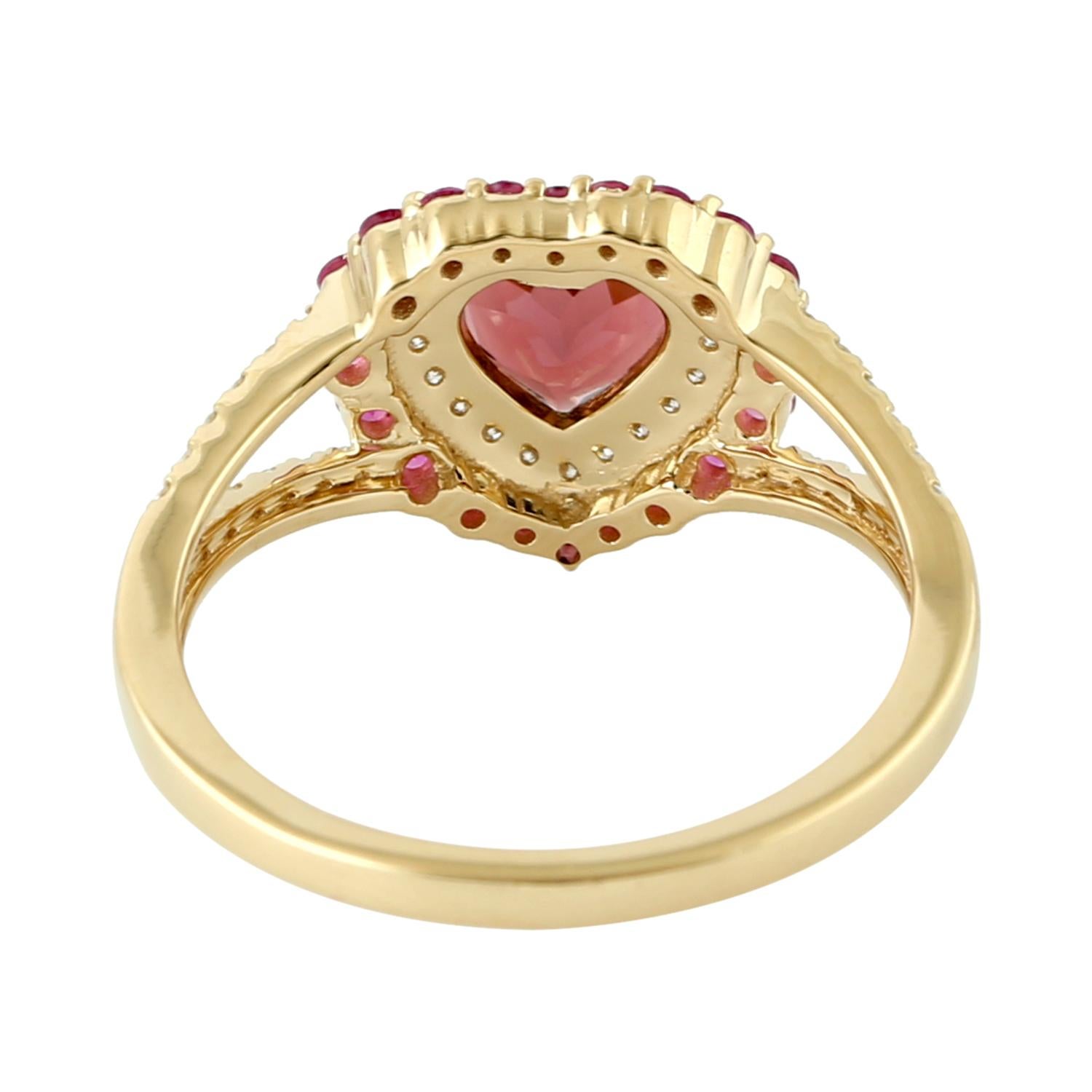 Artisan Heart Shaped Tourmaline Ring With Sapphire & Diamonds Made In 18k Yellow Gold For Sale
