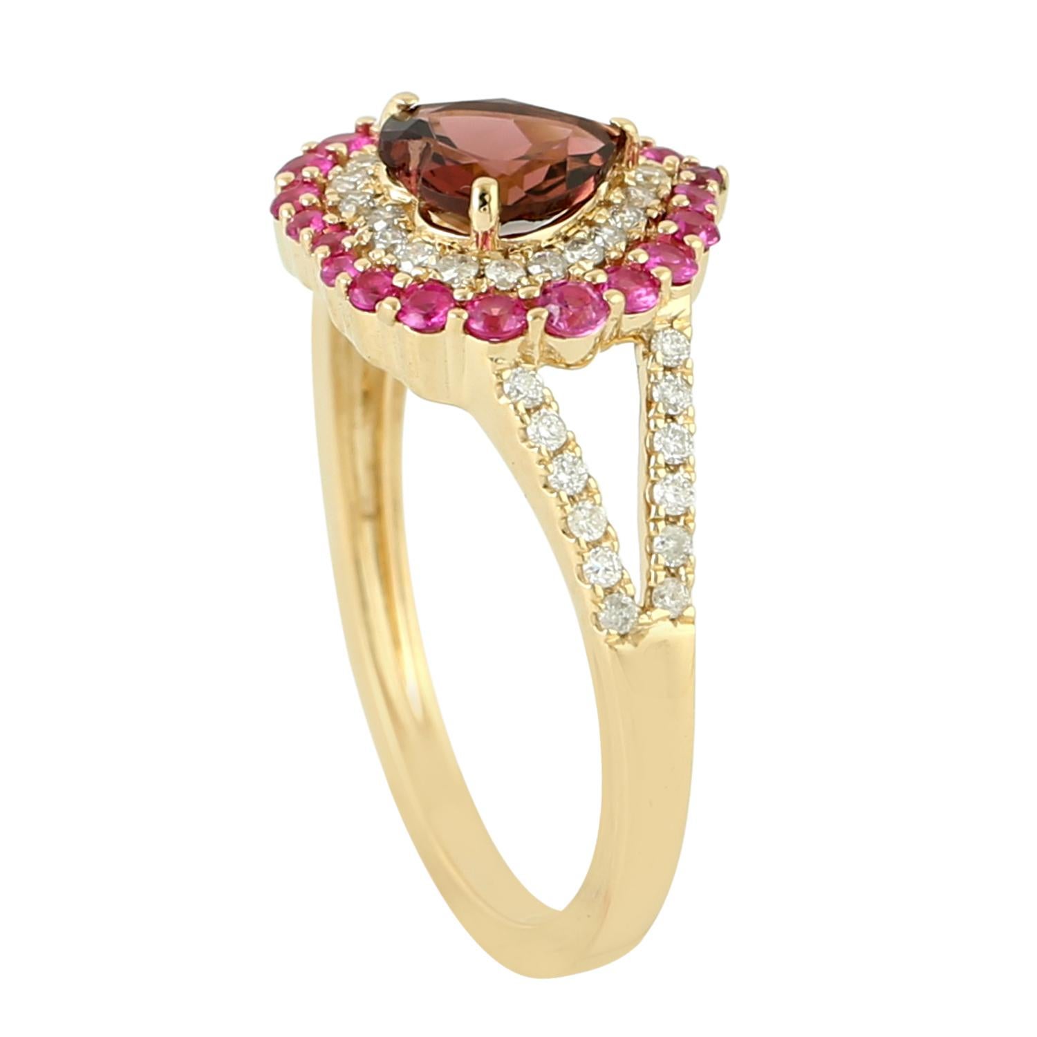 Mixed Cut Heart Shaped Tourmaline Ring With Sapphire & Diamonds Made In 18k Yellow Gold For Sale