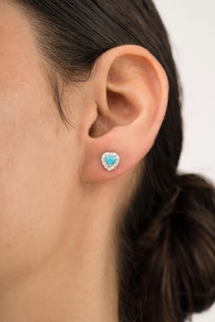 Heart-Shaped Turquoise & Diamond Halo Stud Earrings in 14K White Gold