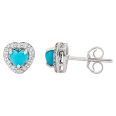 Heart-Shaped Turquoise & Diamond Halo Stud Earrings in 14K White Gold