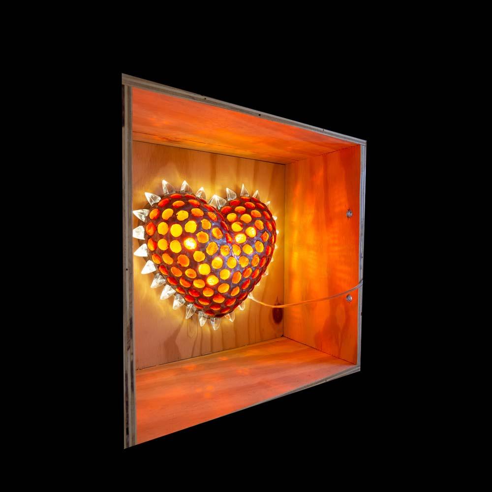 Metal Heart Shaped Wall Light Sculpture Ruby Cabochon and Clear Glass by P. Campanella