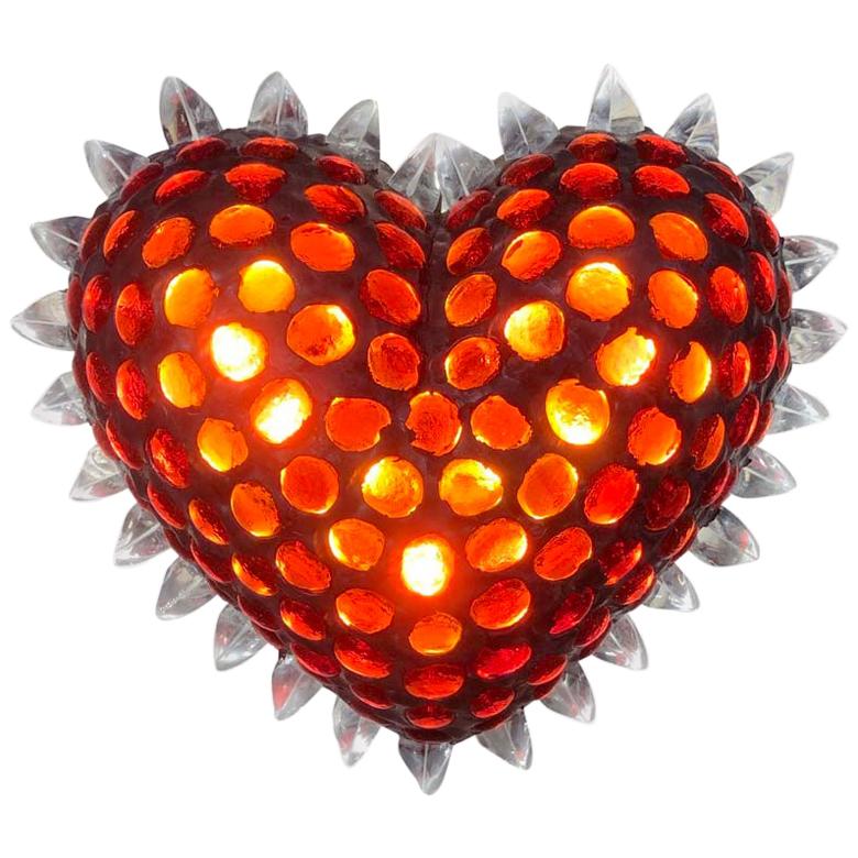 Heart Shaped Wall Light Sculpture Ruby Cabochon and Clear Glass by P. Campanella