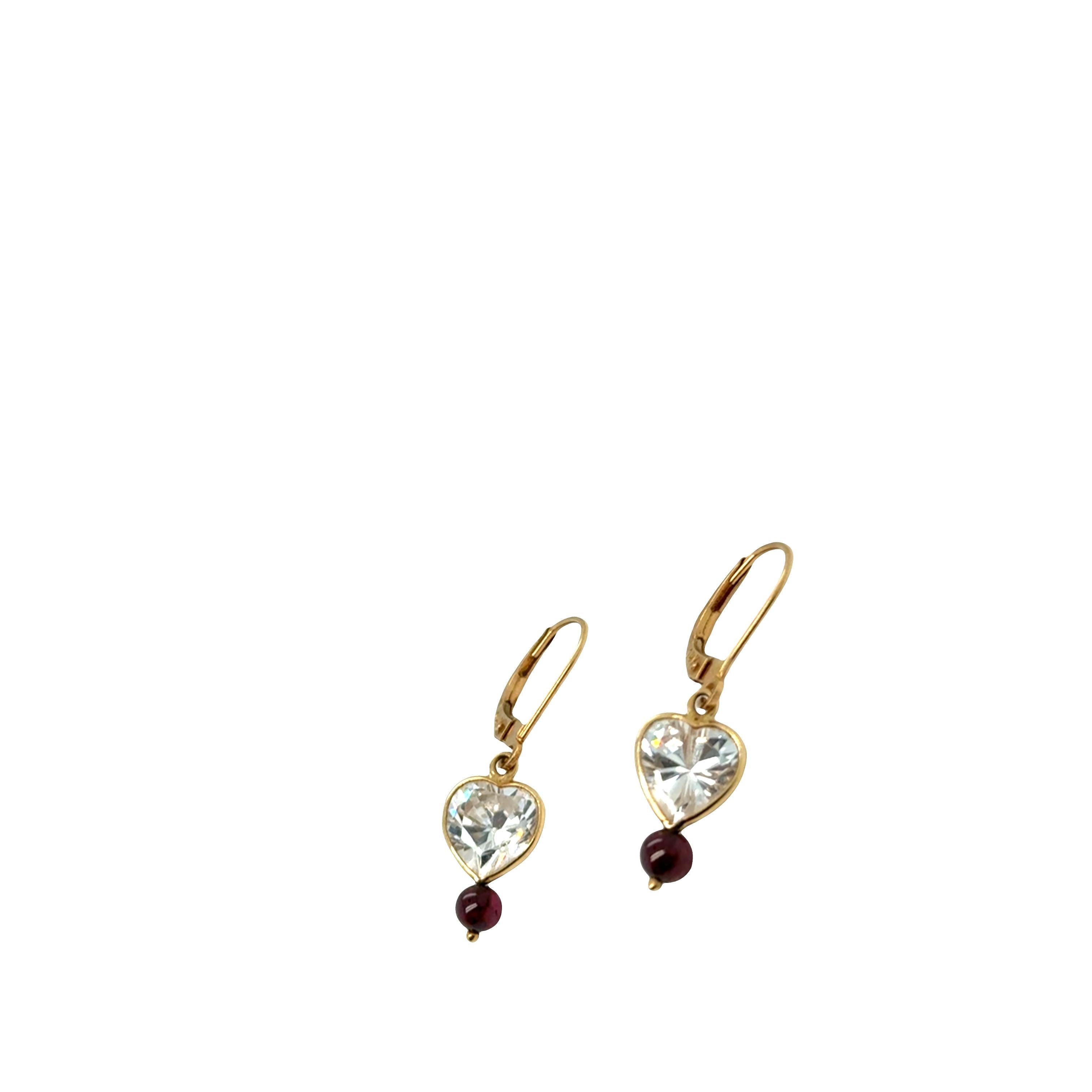 Pendientes de gota de topacio blanco y turmalina en forma de corazón - Oro amarillo 14k, cierre de palanca Corte de corazón en venta