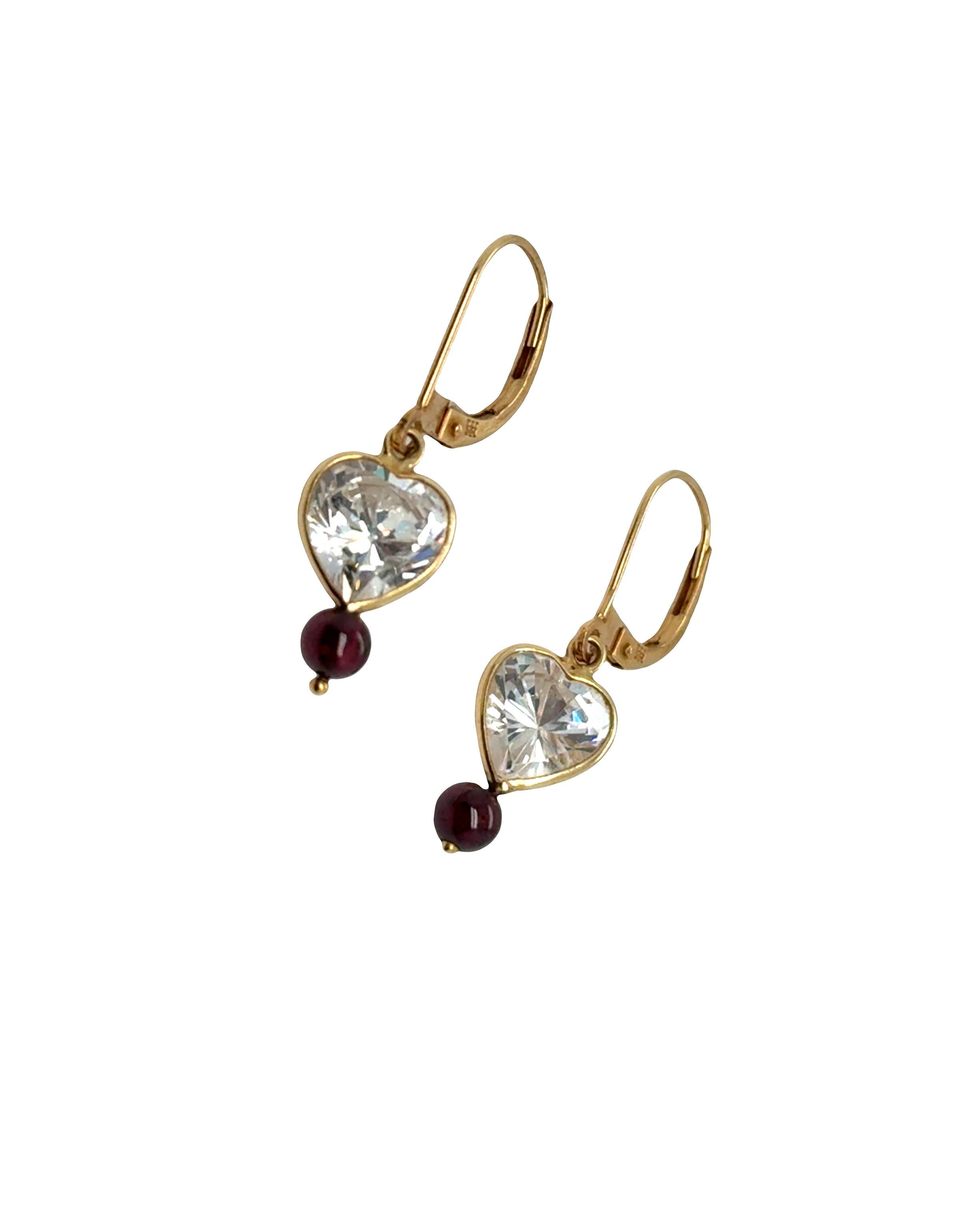 De las mujeres Pendientes de gota de topacio blanco y turmalina en forma de corazón - Oro amarillo 14k, cierre de palanca en venta