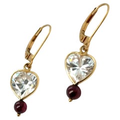 Heart-Shaped White Topaz & Tourmaline Drop Earrings – 14k Yellow Gold, Leverback