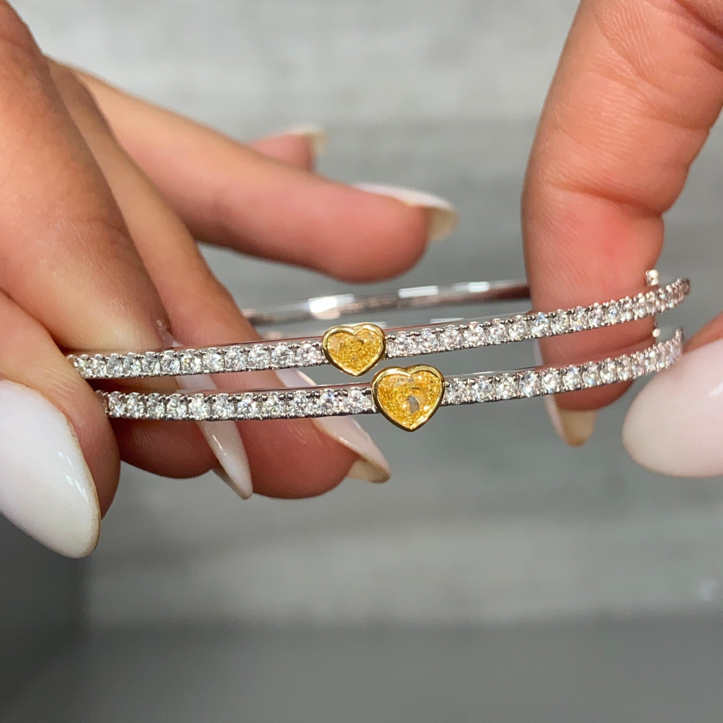 Heart Cut Rare Colors - Heart-Shaped Yellow Diamond Bangle Bracelet For Sale