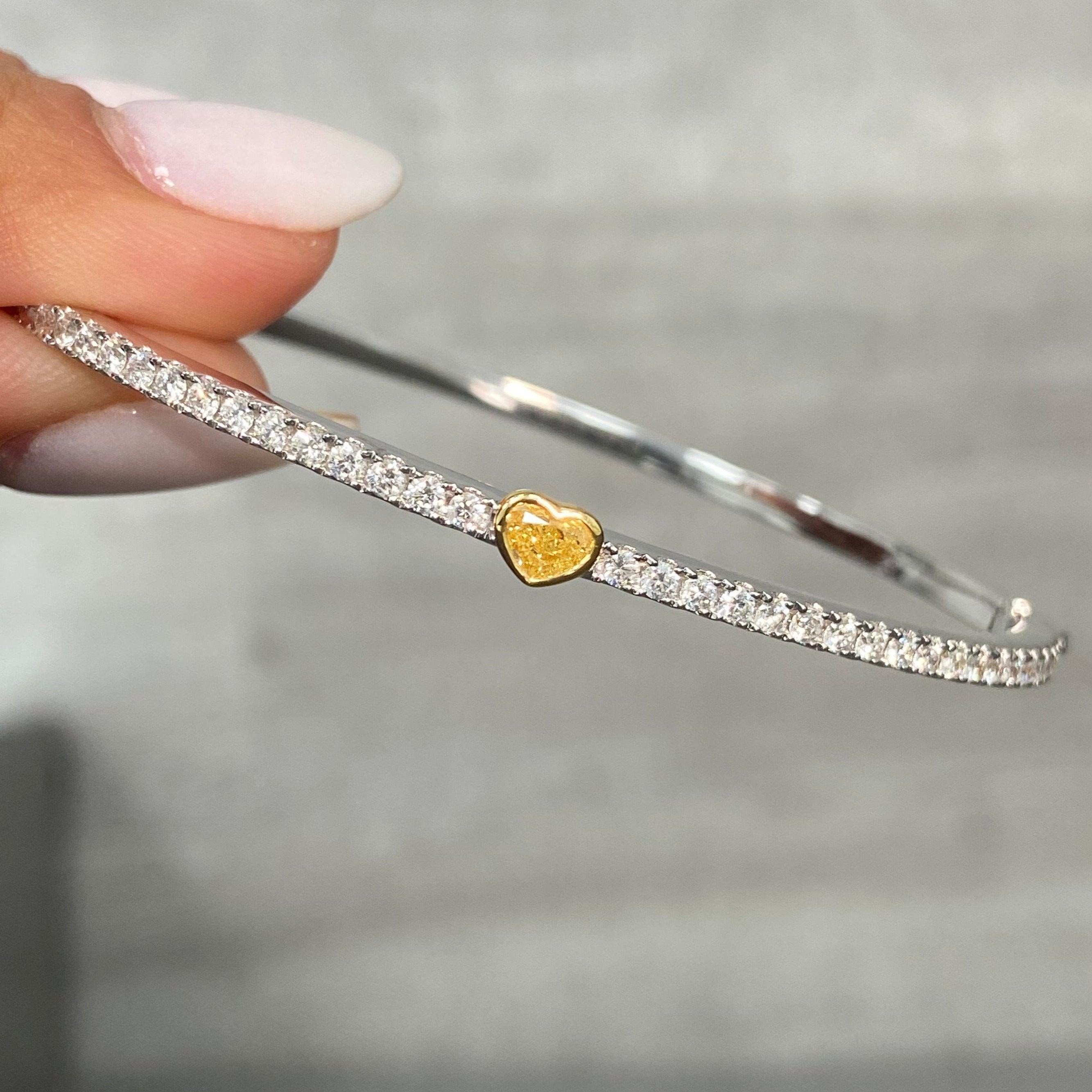 Rare Colors - Heart-Shaped Yellow Diamond Bangle Bracelet For Sale 3