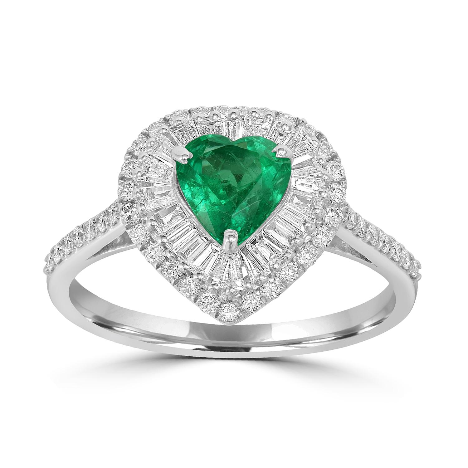 Art Déco Anello a forma di cuore con smeraldo dello Zambia e diamanti in oro 18 carati in vendita