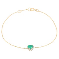 Heart-Shaped Zambian Emerald & Diamond Halo Chain Bracelet in 14K Yellow Gold