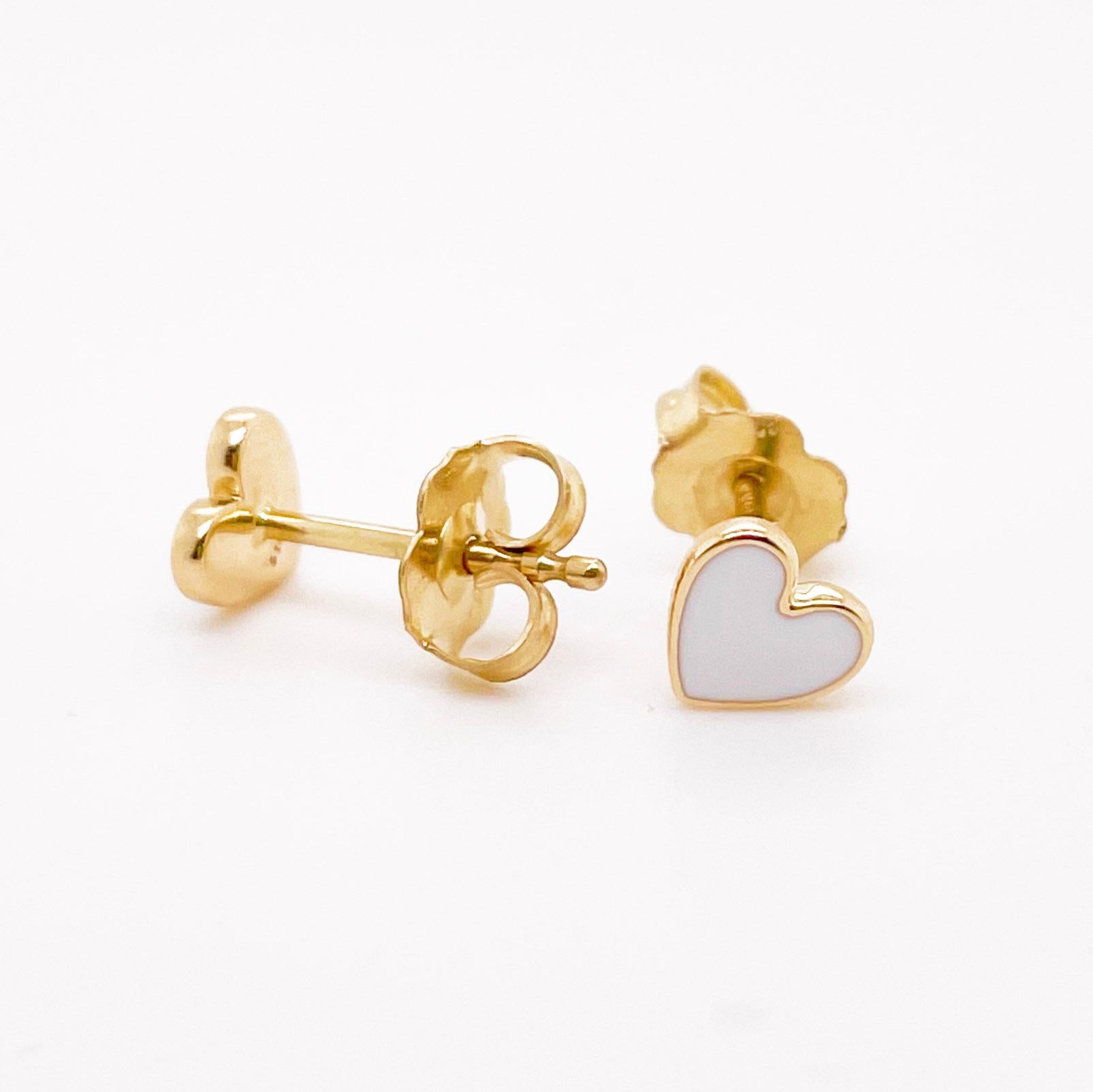 Contemporary Heart Stud Earring, Yellow Gold, White Enamel, Modern Style