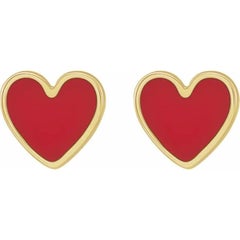 Heart Stud Earrings in14K Yellow Gold Red Enameled 5.9x5.5mm