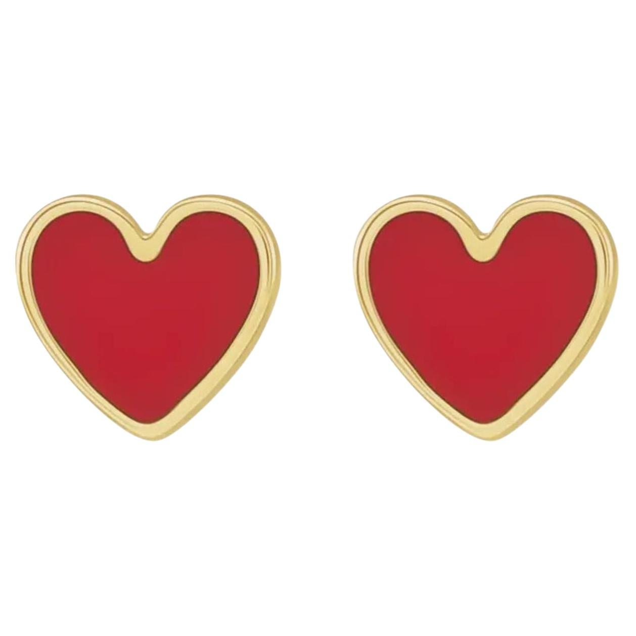 Boucles d'oreilles clous en forme de cœur, en or jaune 14 carats, émaillées en rouge, 5,9 x 5,5 mm