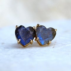 Pendientes de corazón con labradorita natural, joyería de oro amarillo macizo de 14k