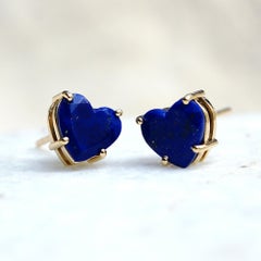 Heart Studs Solid 14k Yellow Gold Jewelry Natural Lapis Lazuli Gemstone Earring