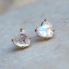 Heart Studs Solid 14k Yellow Gold Rainbow Moonstone Gemstone Studs Earrings