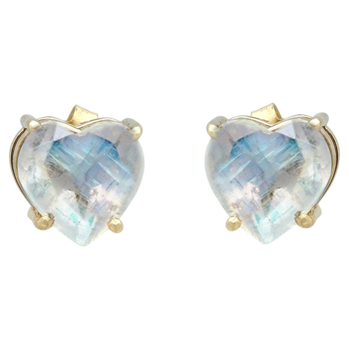 Heart Studs Solid 14k Yellow Gold Rainbow Moonstone Gemstone Studs Earrings