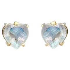 Heart Studs Solid 14k Yellow Gold Rainbow Moonstone Gemstone Studs Earrings