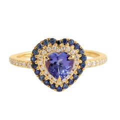 Heart Tanzanite & Blue Sapphire Double Halo Ring In 18K Gold