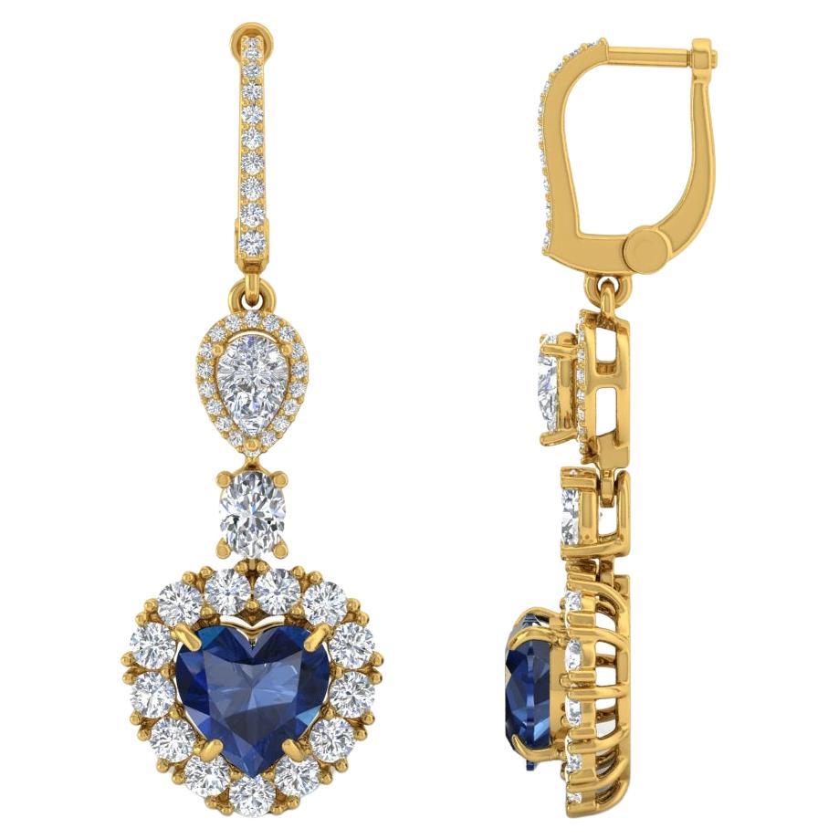 Heart Tanzanite Gemstone Dangle Earrings Diamond 18 Karat Yellow Gold Jewelry