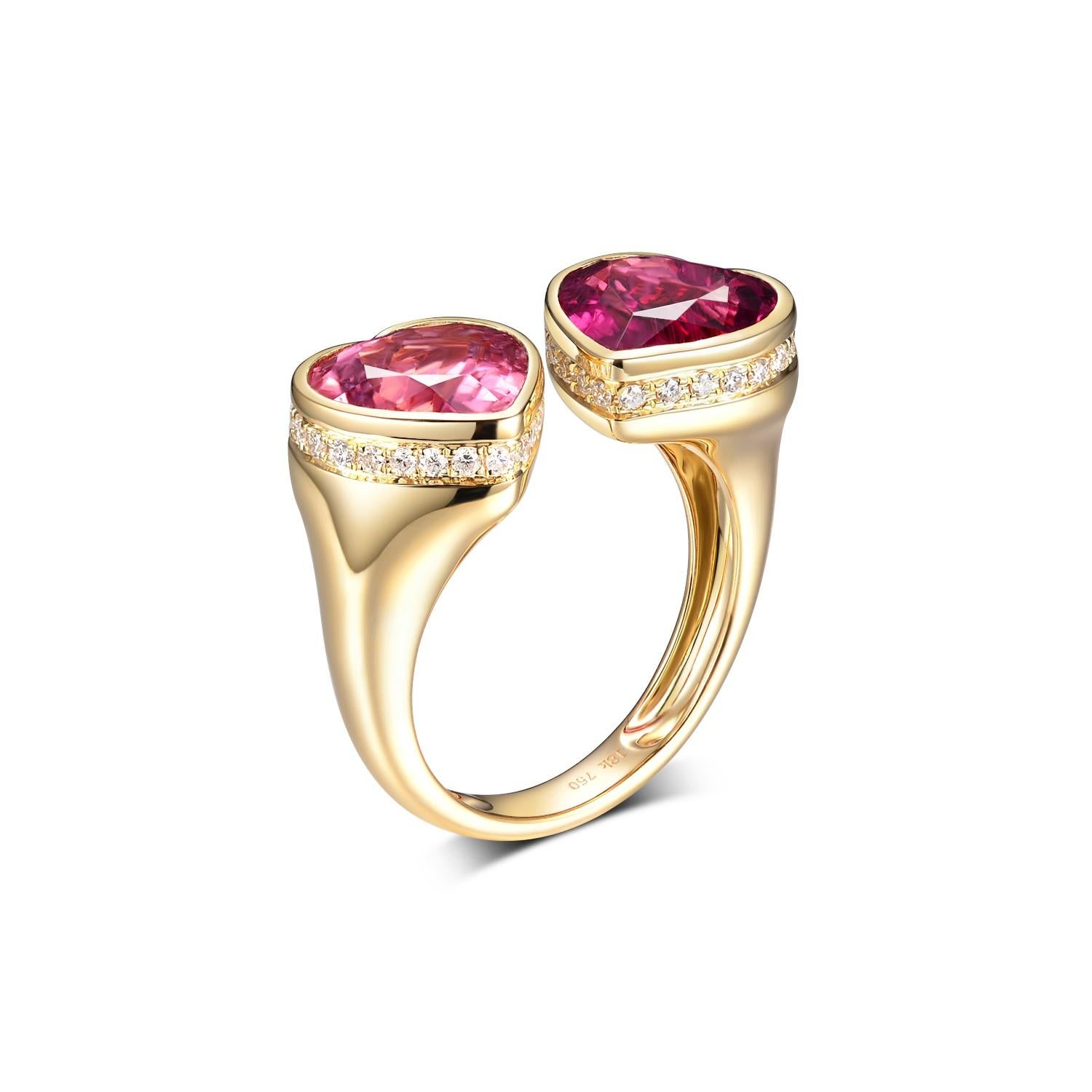 This ring features 2 heart shape tourmaline weighting 5.42 carat, assented with 0.31 carat round brilliant cut diamonds.  Great for everyday use and would make a special gift for your loved one. 

US 6.75
Resizing is available
Tourmaline 5.42 carat