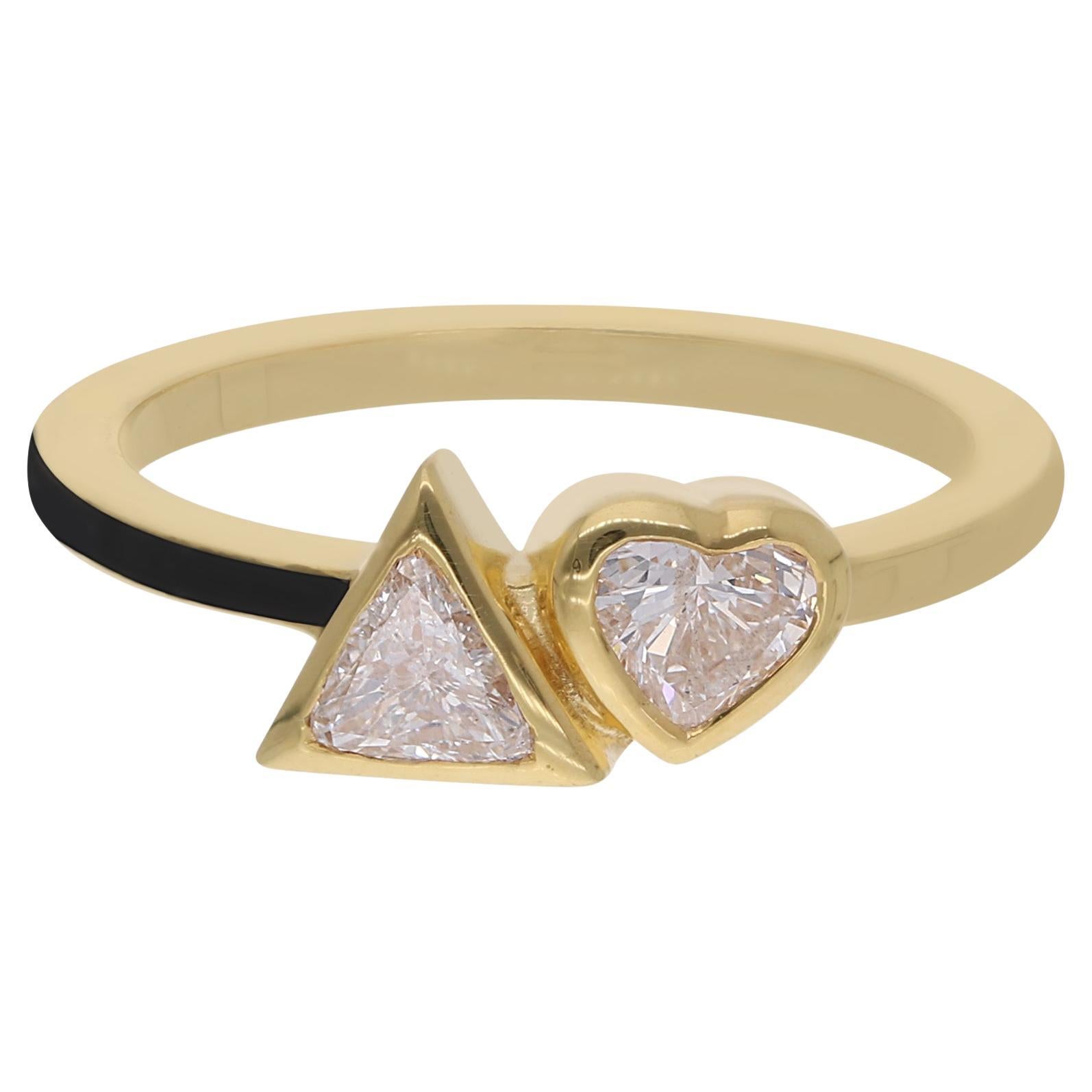 Herz- und Trillionenförmiger Diamant-Emaille-Ring aus 14 Karat Gelbgold