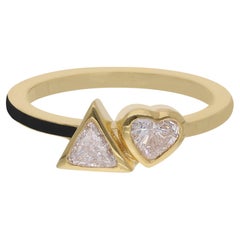 Heart & Trillion Shape Diamond Enamel Band Ring 14 Karat Yellow Gold Jewelry
