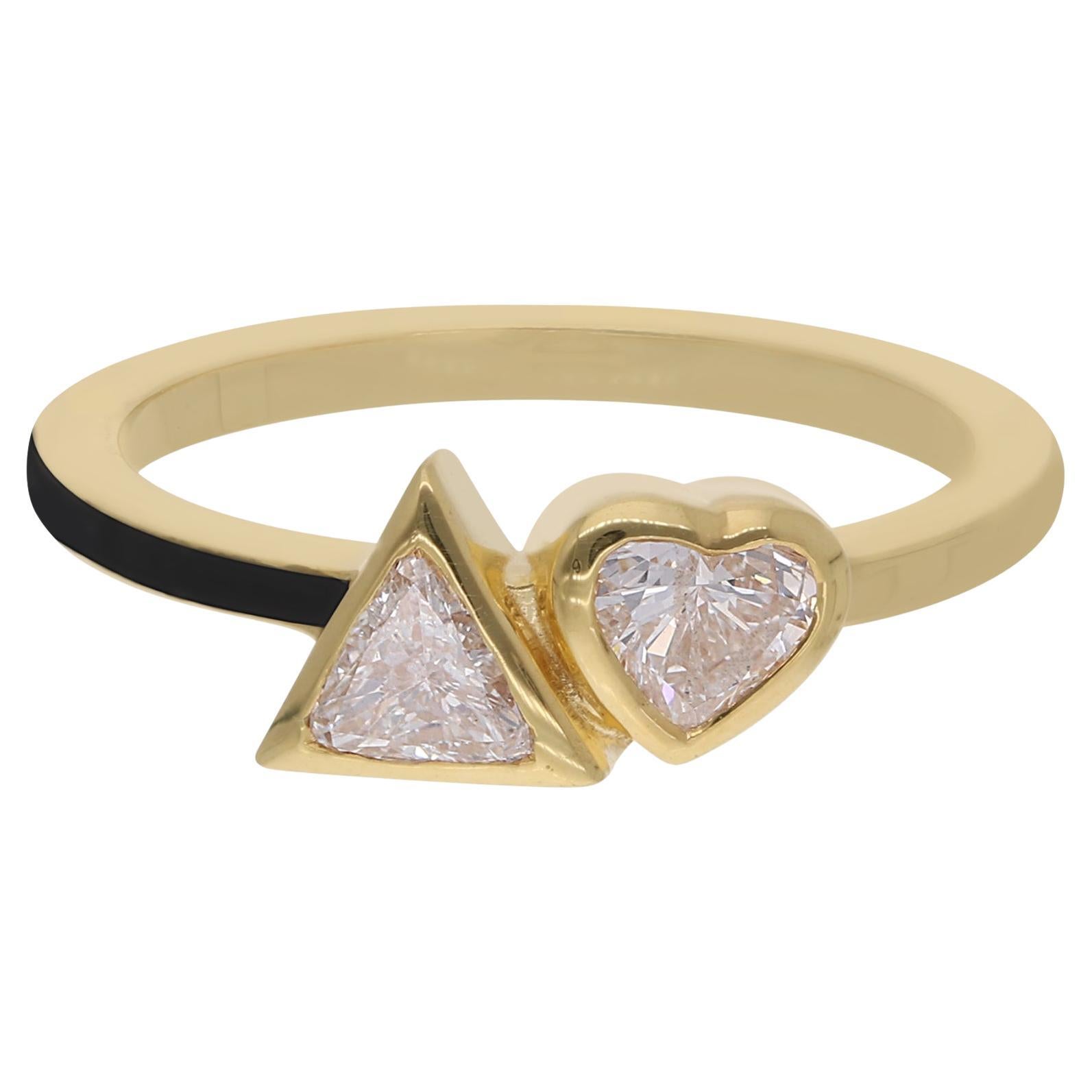 Bague jonc en or jaune 14 carats avec diamants en forme de cœur et de trillion