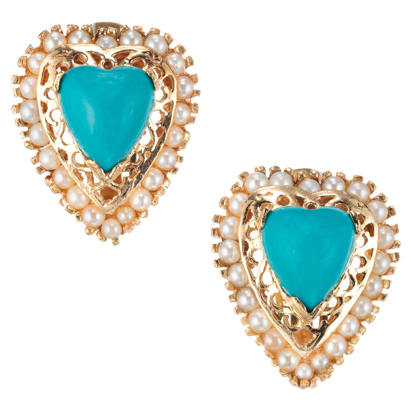 Heart Turquoise Pearl Yellow Gold Clip Post Earrings For Sale