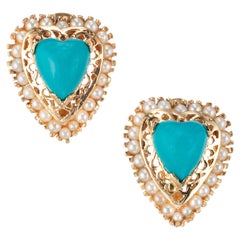 Heart Turquoise Pearl Yellow Gold Clip Post Earrings