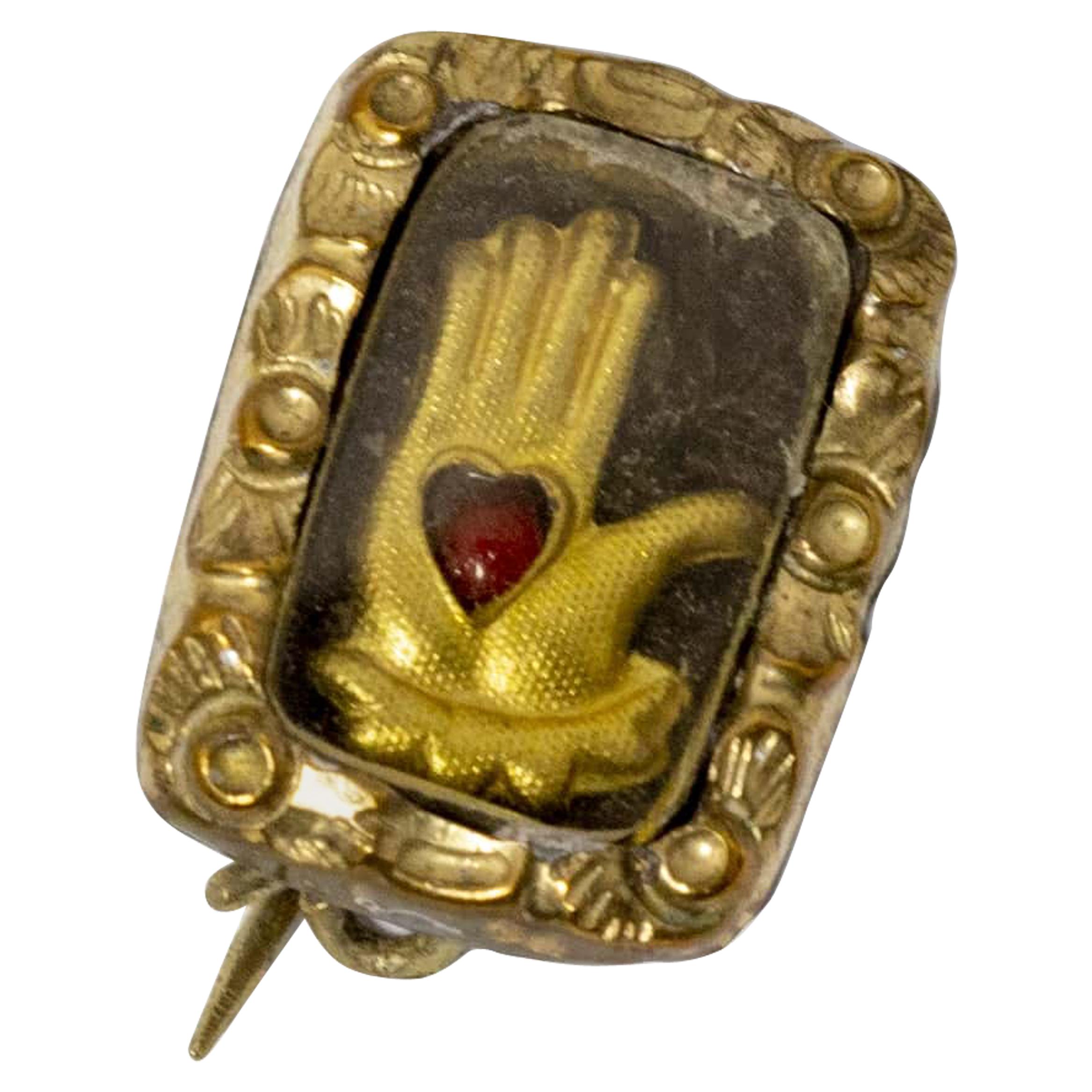 Antique Rare Heart in hand red enamel lace gold pin. For Sale