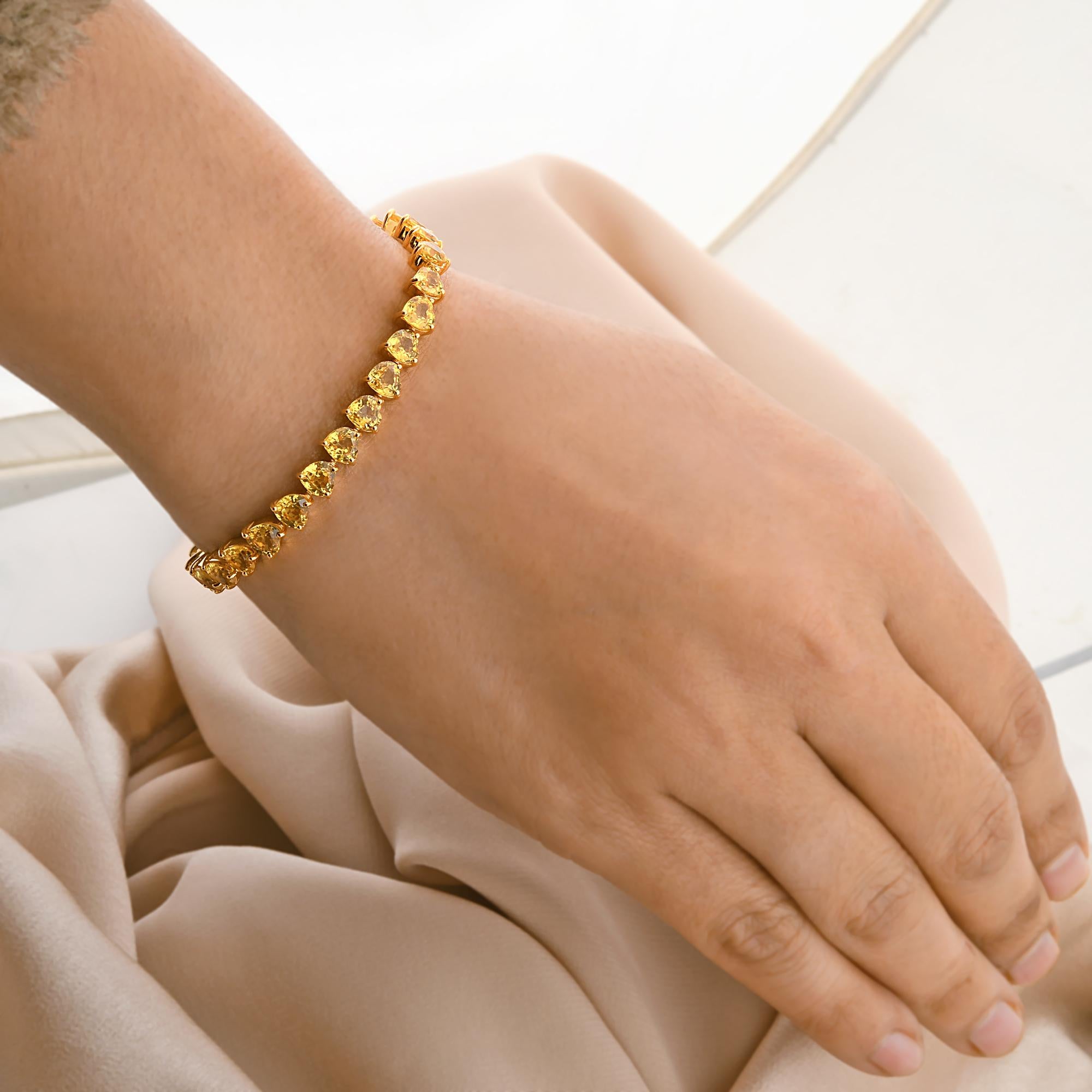 Herz-Gelb-Saphir-Edelstein-Armband aus massivem 18k Gelbgold, handgefertigt (Herzschliff) im Angebot