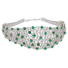 Spectrum Jewels Heart Emerald Diamond Choker Necklace 18 Karat White Yellow Gold