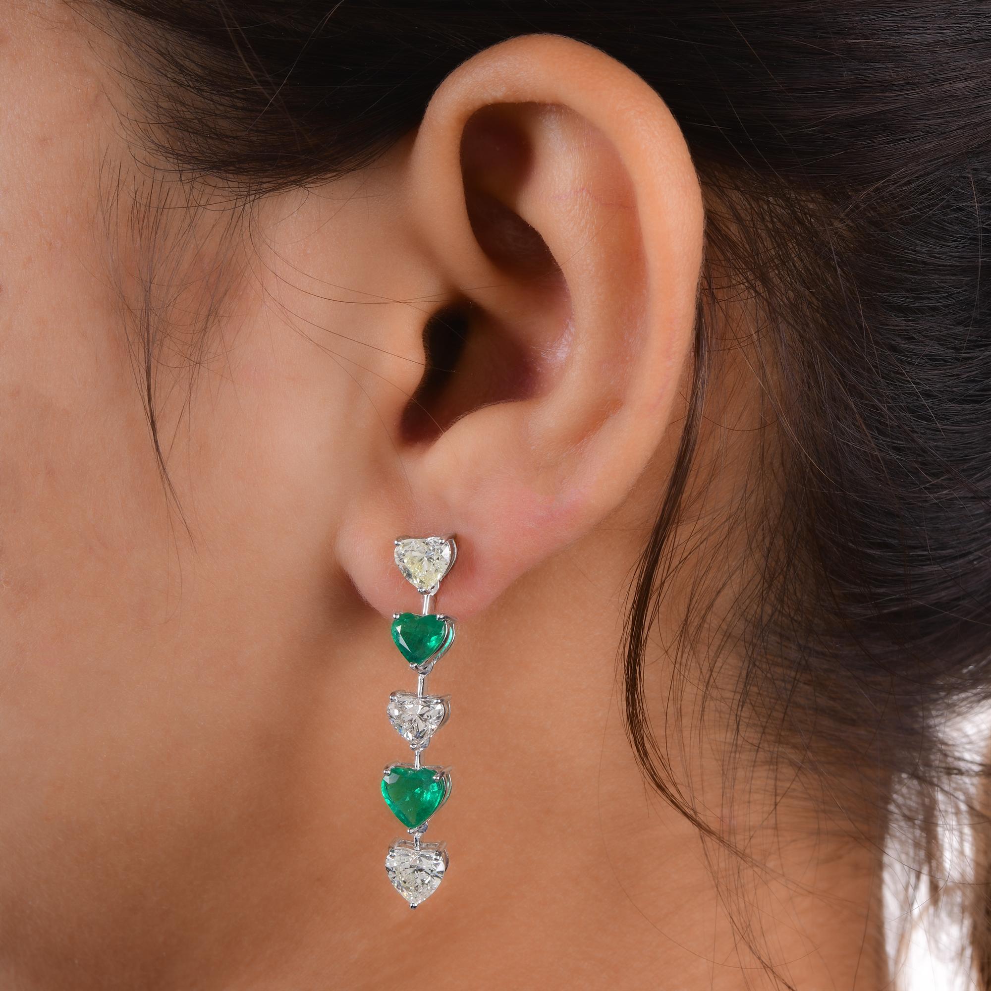 Modern Heart Zambian Emerald Gemstone Diamond Dangle Earrings 14 Kt White Gold Jewelry For Sale