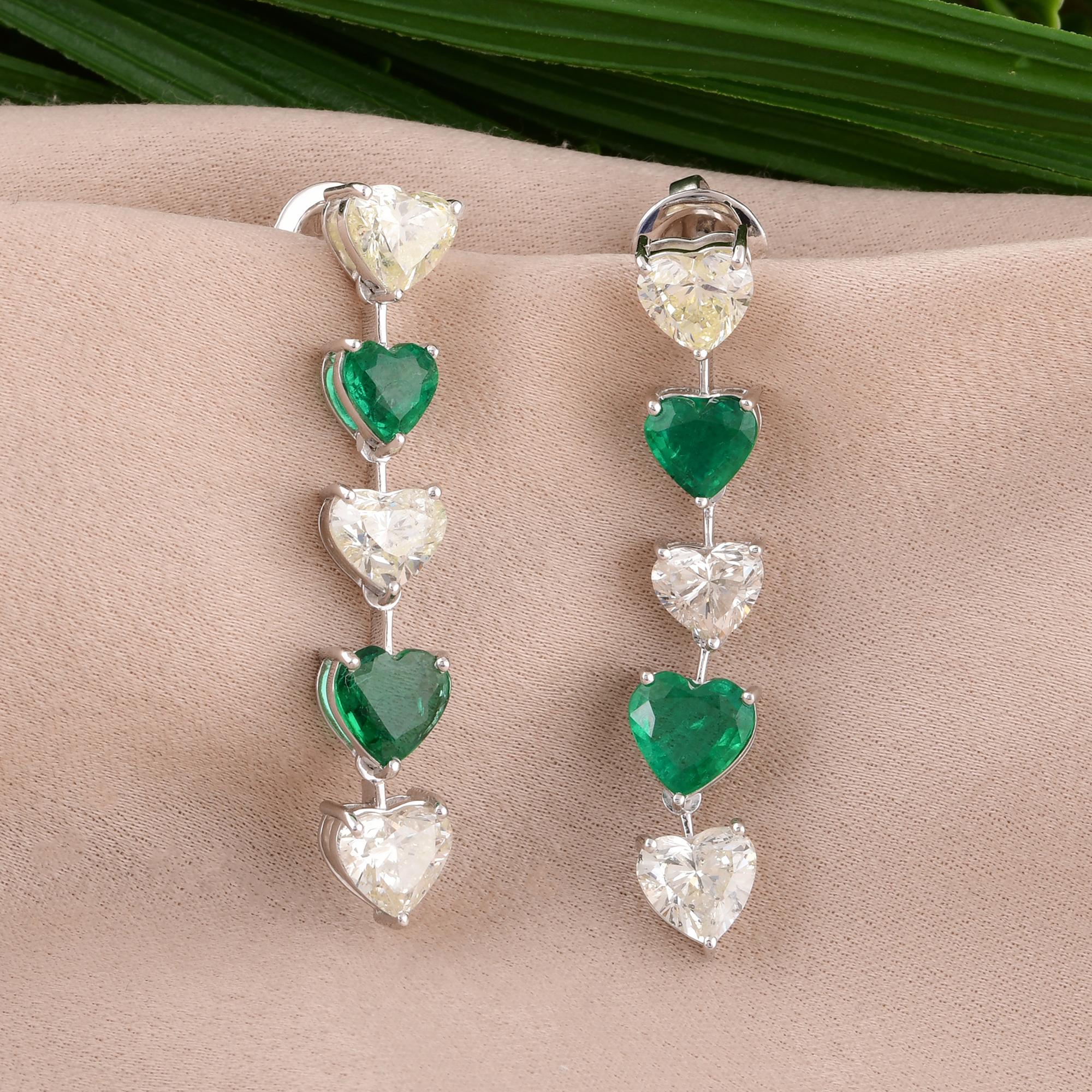 Heart Cut Heart Zambian Emerald Gemstone Diamond Dangle Earrings 14 Kt White Gold Jewelry For Sale