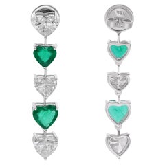 Heart Zambian Emerald Gemstone Diamond Dangle Earrings 18 Kt White Gold Jewelry