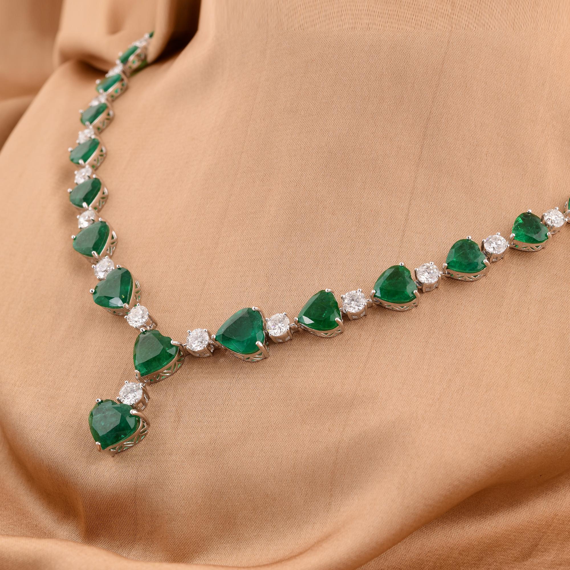 Modern Heart Zambian Emerald Gemstone Necklace Diamond 14 Karat White Gold Fine Jewelry For Sale
