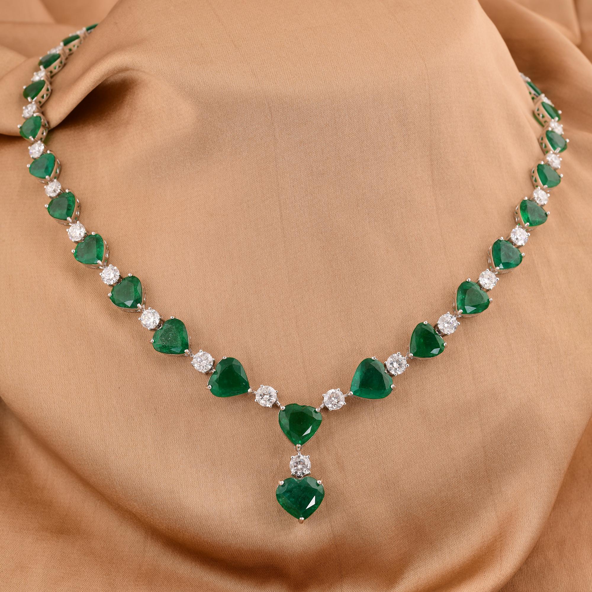 Heart Cut Heart Zambian Emerald Gemstone Necklace Diamond 14 Karat White Gold Fine Jewelry For Sale