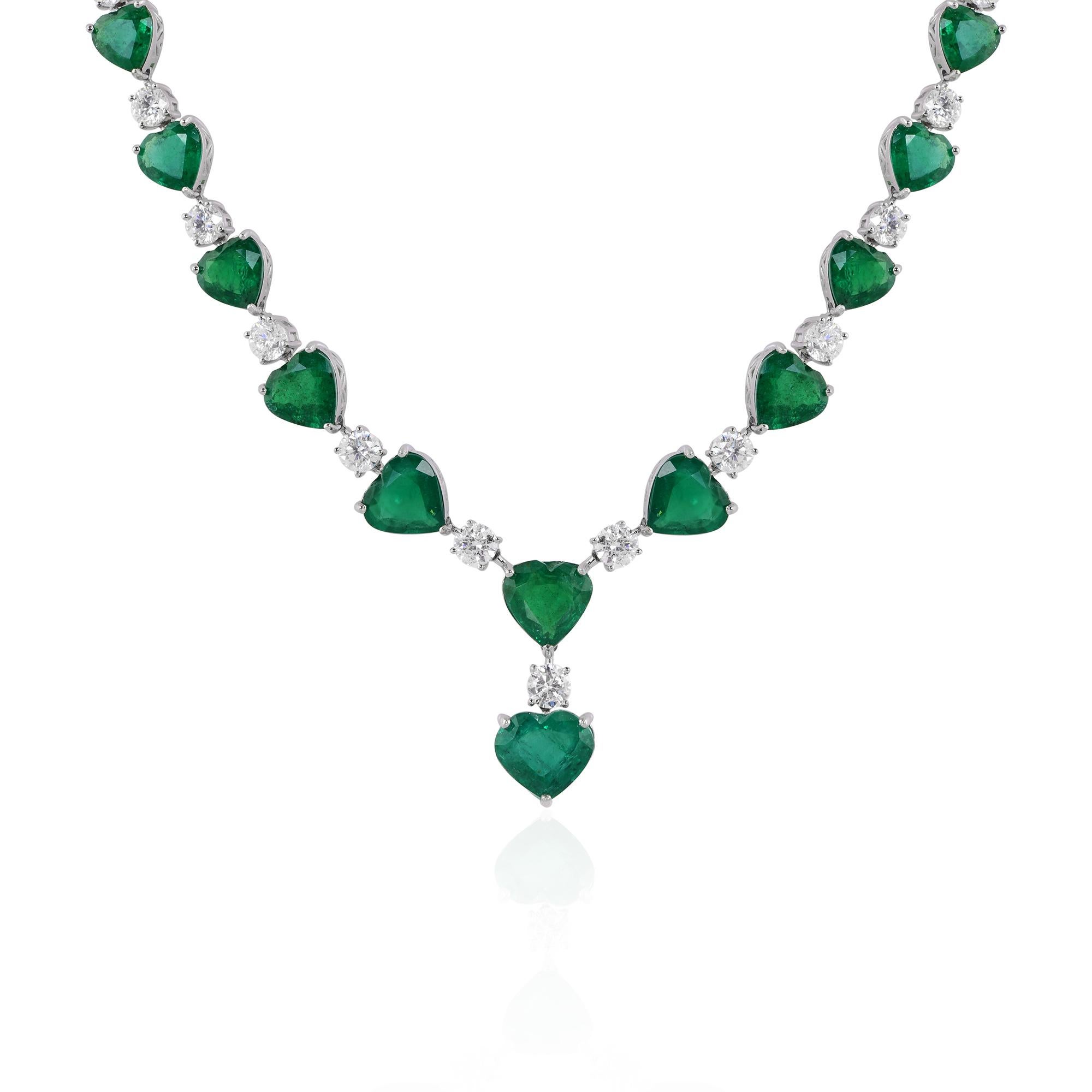 Women's Heart Zambian Emerald Gemstone Necklace Diamond 14 Karat White Gold Fine Jewelry For Sale