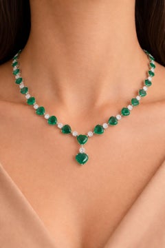 Heart Zambian Emerald Gemstone Necklace Diamond 14 Karat White Gold