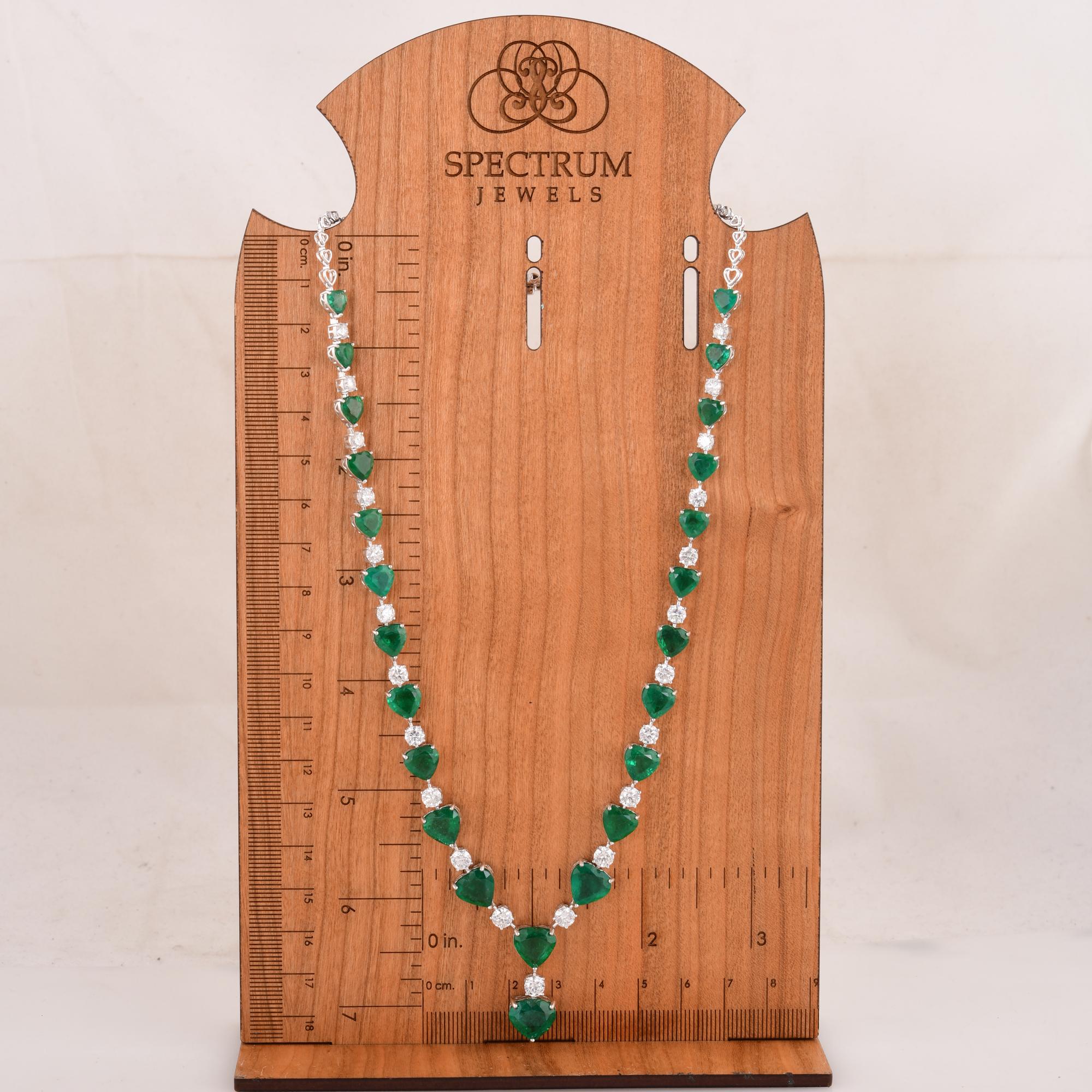 Women's Heart Zambian Emerald Gemstone Necklace Diamond 18 Karat White Gold Fine Jewelry For Sale