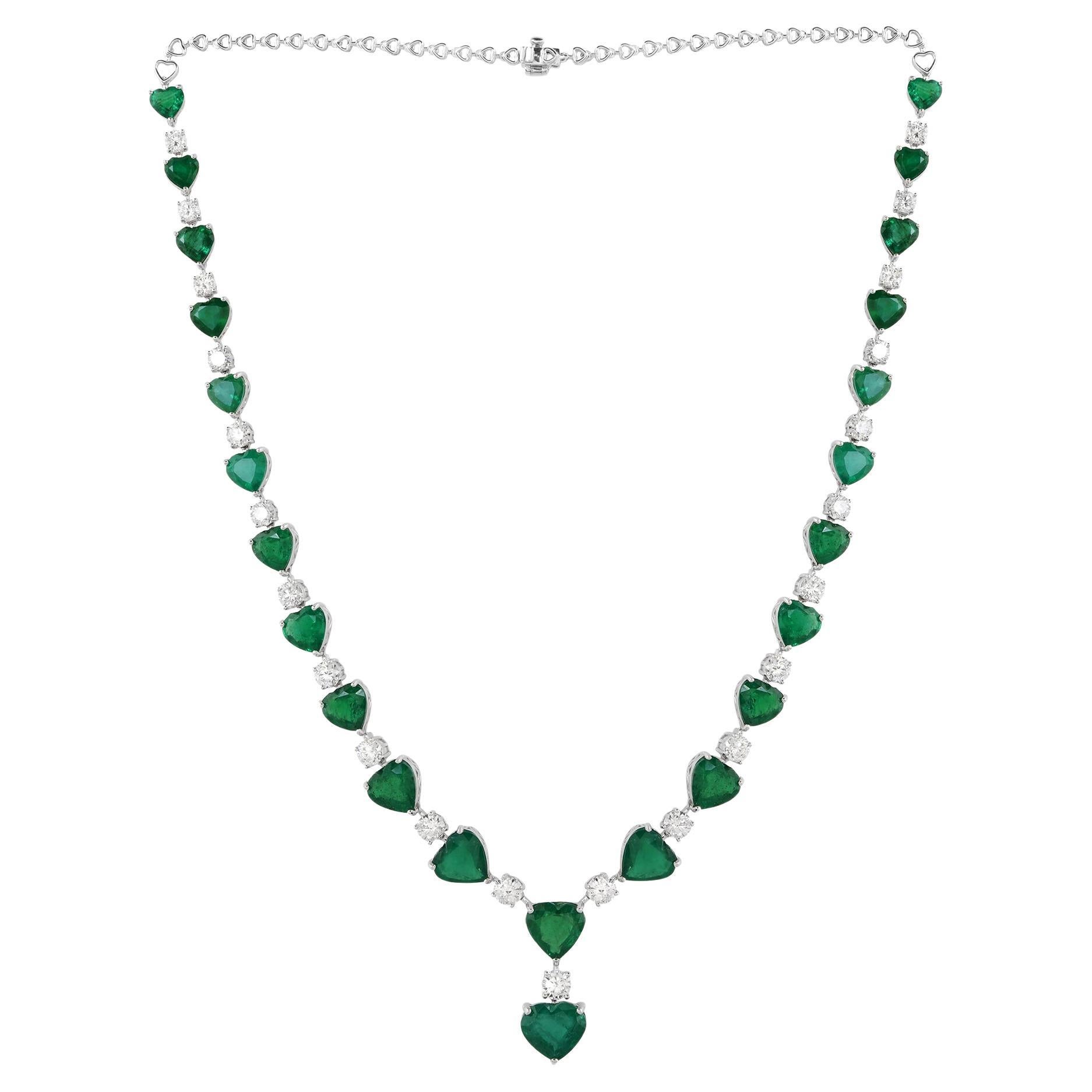 Heart Zambian Emerald Gemstone Necklace Diamond 18 Karat White Gold Fine Jewelry