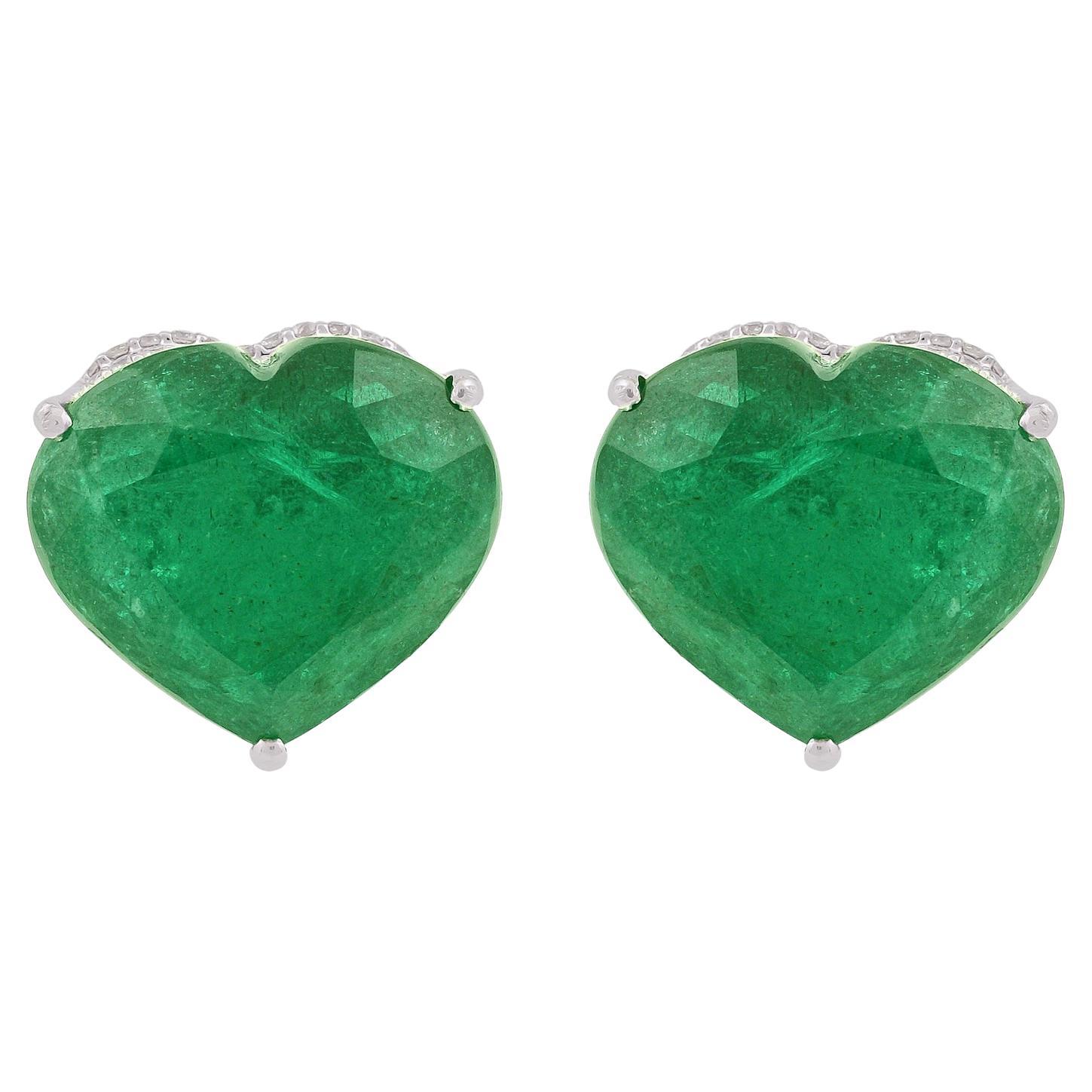 Heart Zambian Emerald Stud Earrings Diamond Pave Solid 18k White Gold Jewelry