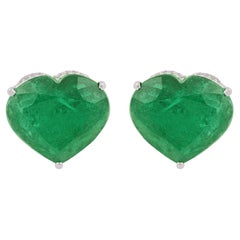 Heart Zambian Emerald Stud Earrings Diamond Pave Solid 18k White Gold Jewelry