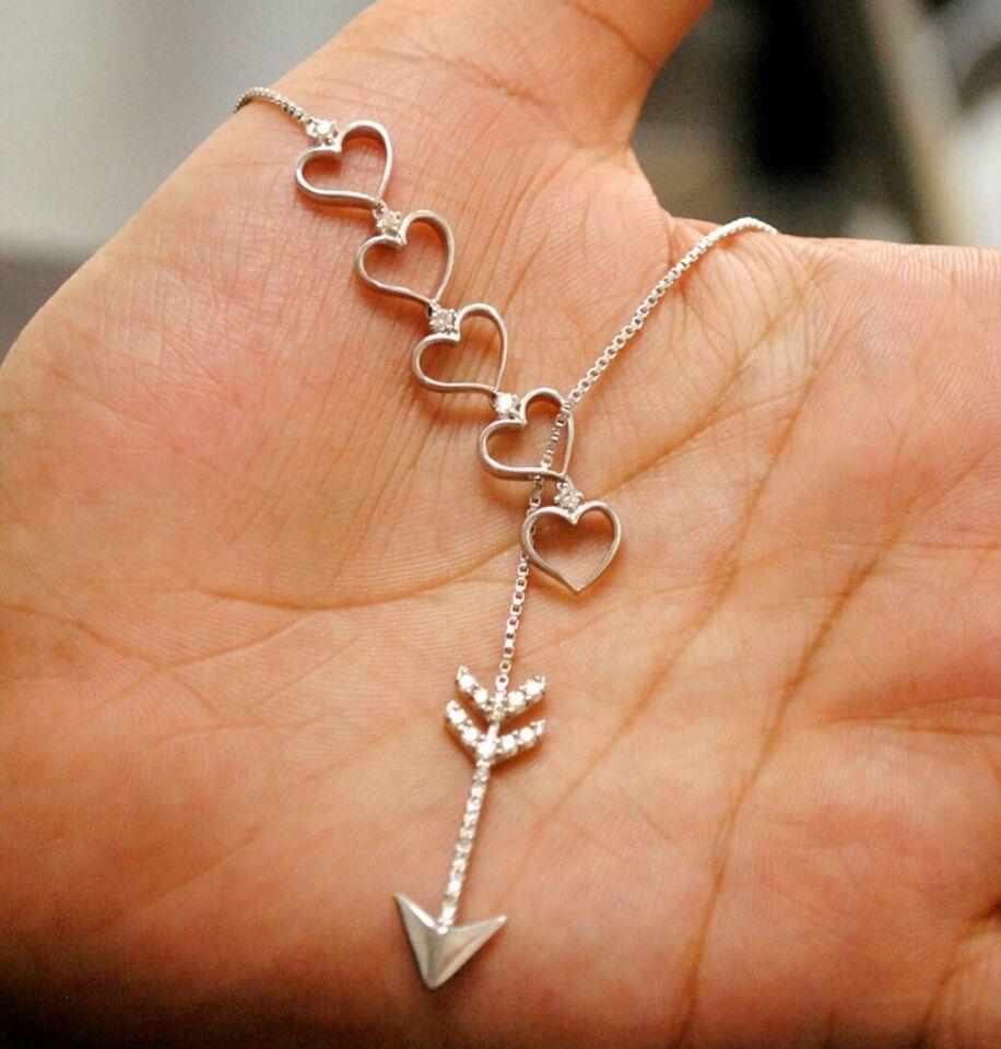 Round Cut Hearts and Arrow Lariat 925 Silver Diamond Necklace For Sale