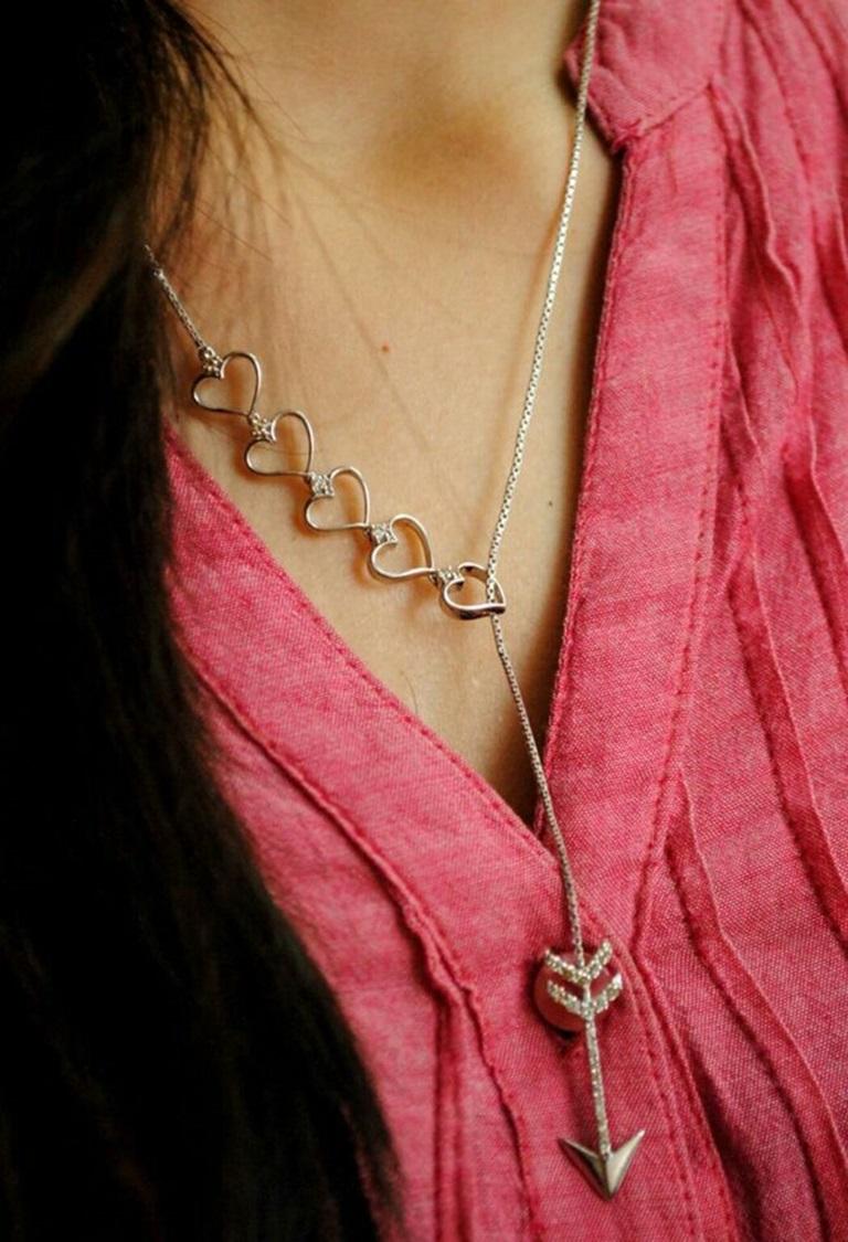 Hearts and Arrow Lariat 925 Silver Diamond Necklace In New Condition For Sale In Chicago, IL