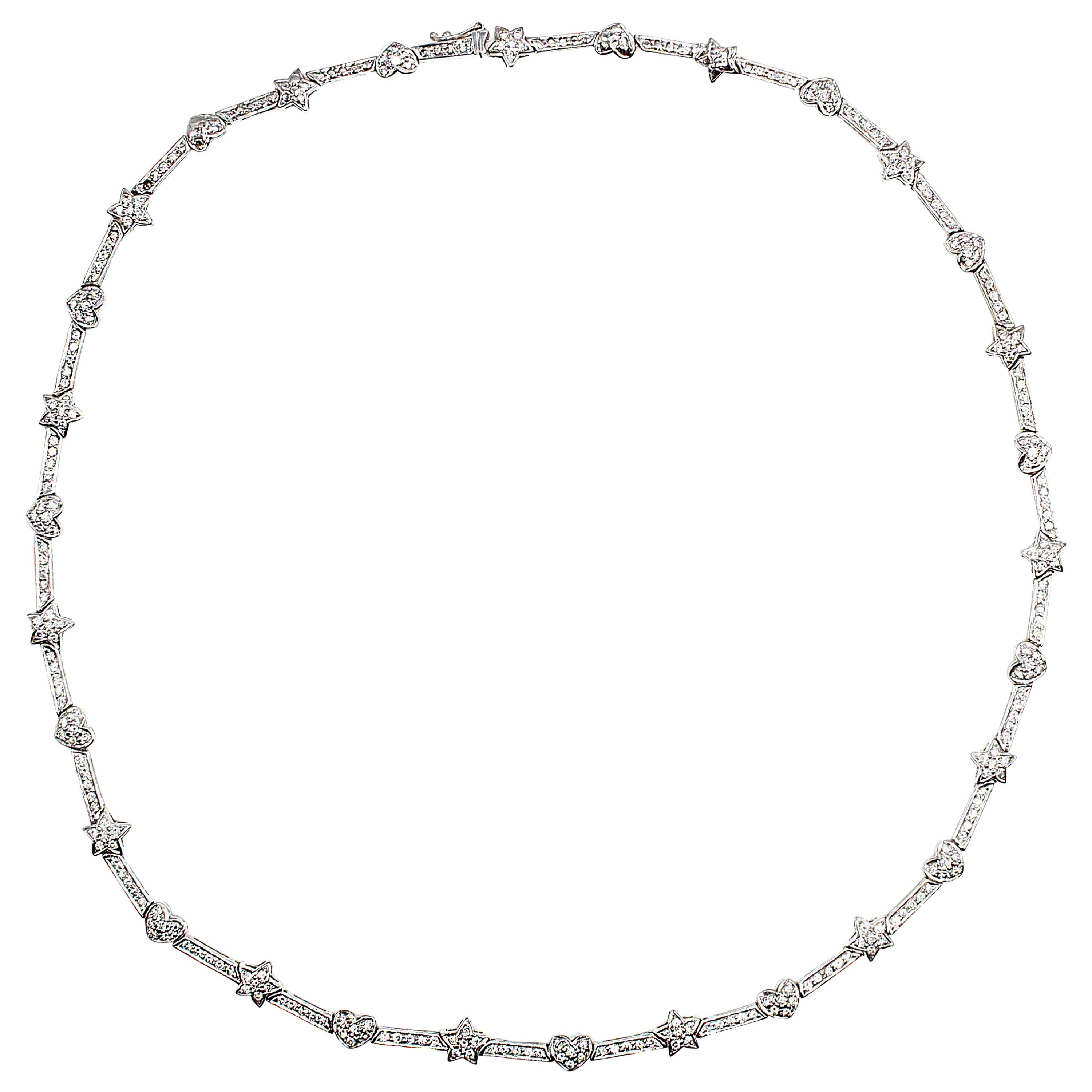 Hearts and Stars White Gold Diamond Necklace For Sale