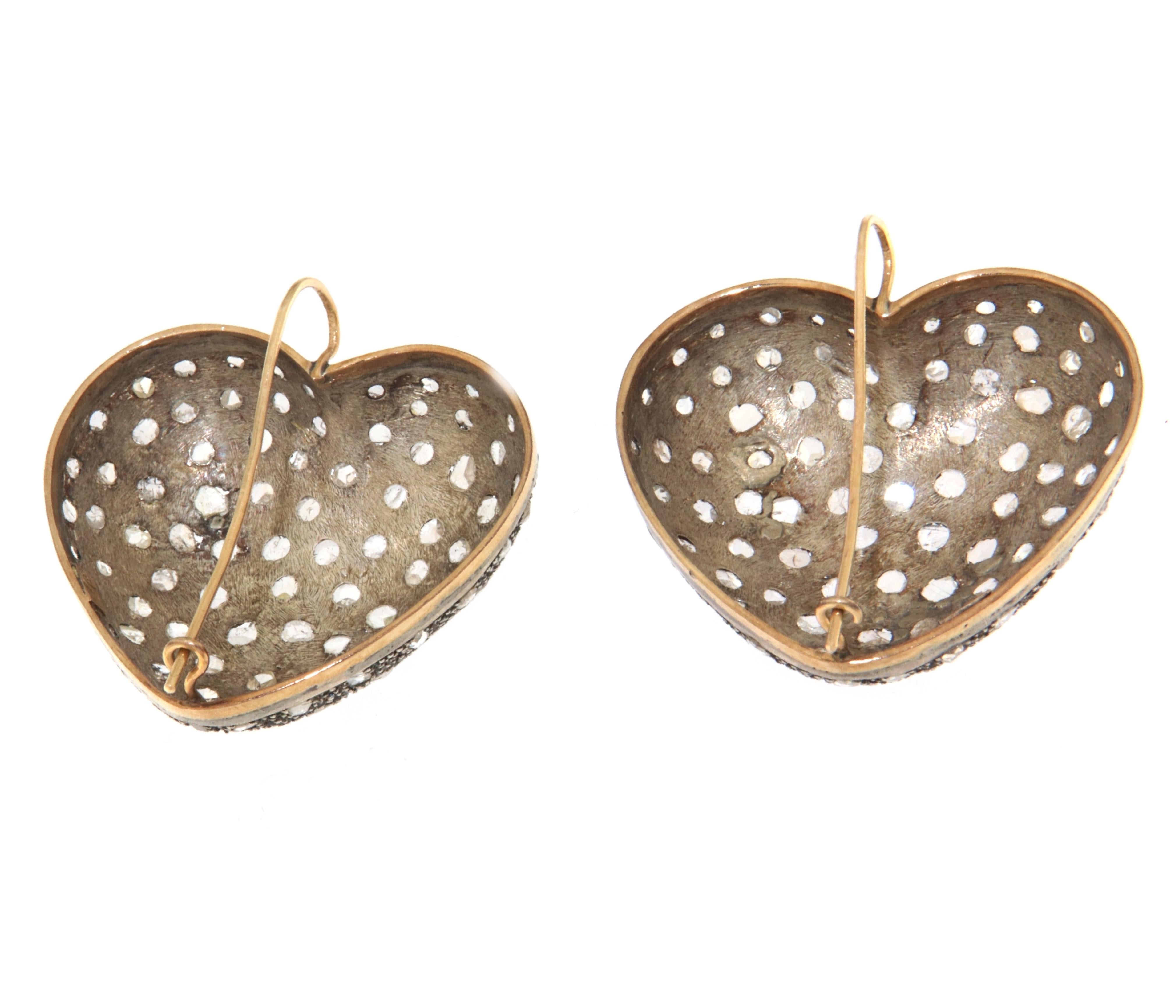 Rose Cut Hearts Diamonds 14 Karat Yellow Gold Stud Earrings For Sale