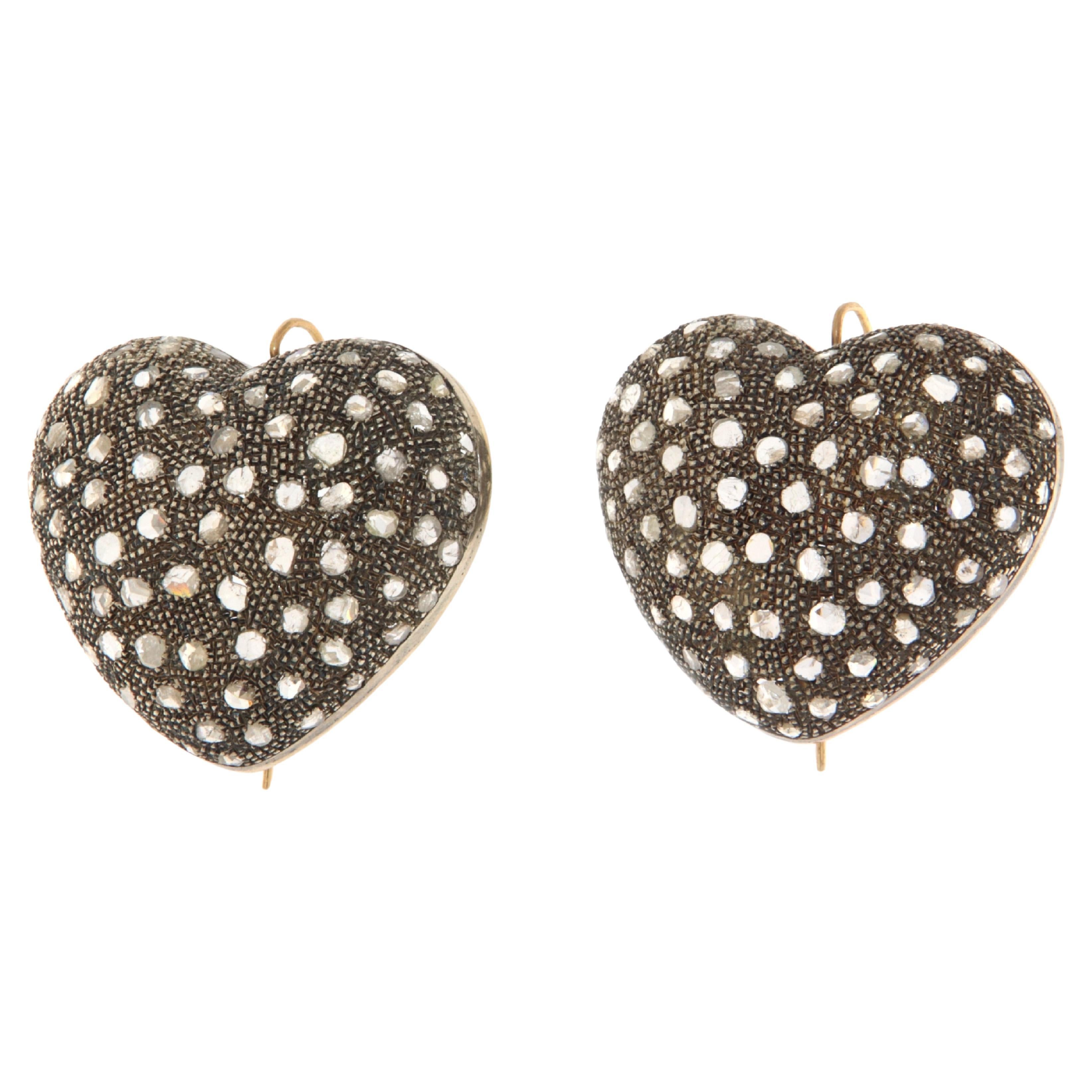 Hearts Diamonds 14 Karat Yellow Gold Stud Earrings For Sale